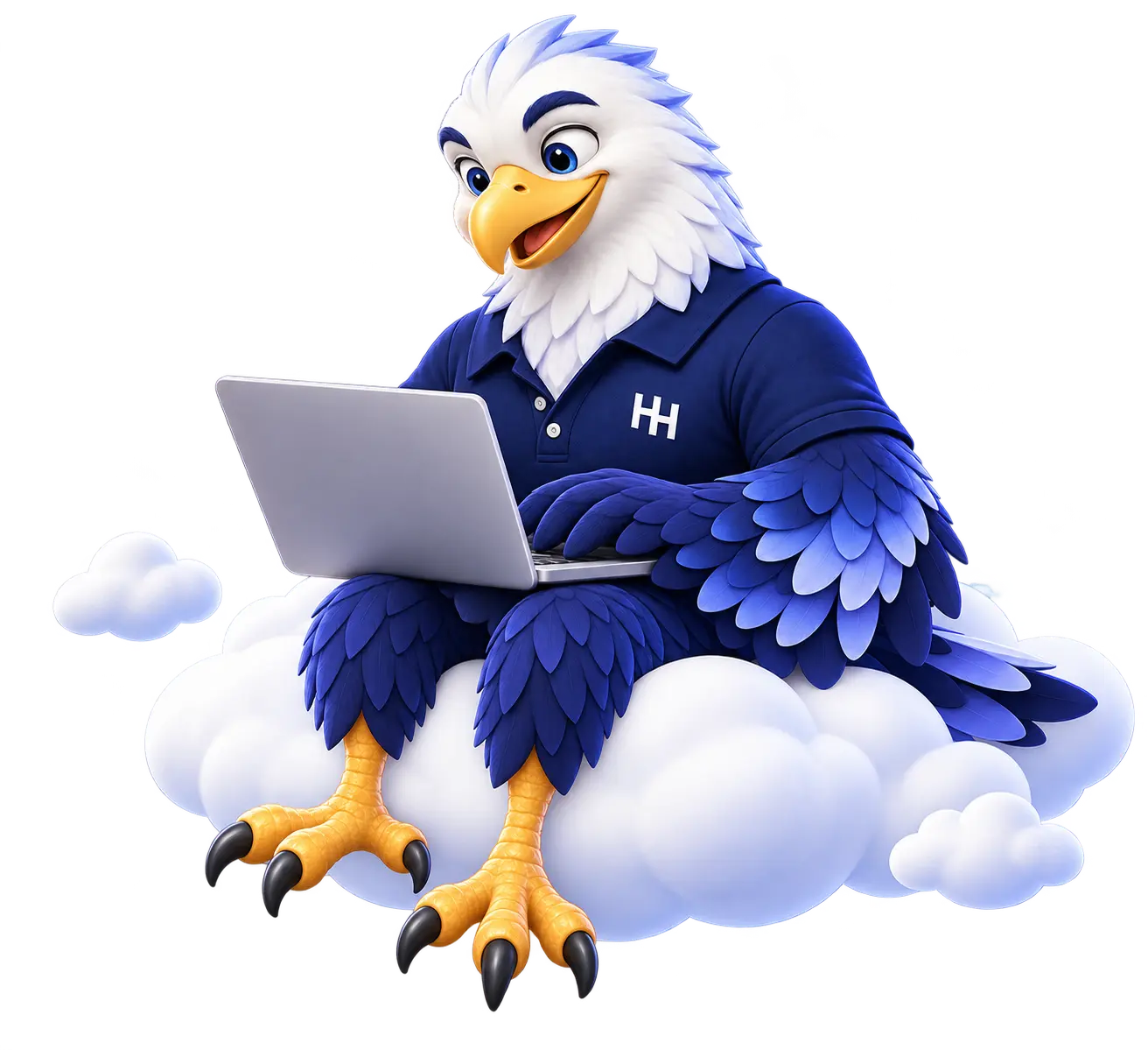 HoganHost eagle seated on a cloud, working on a laptop.