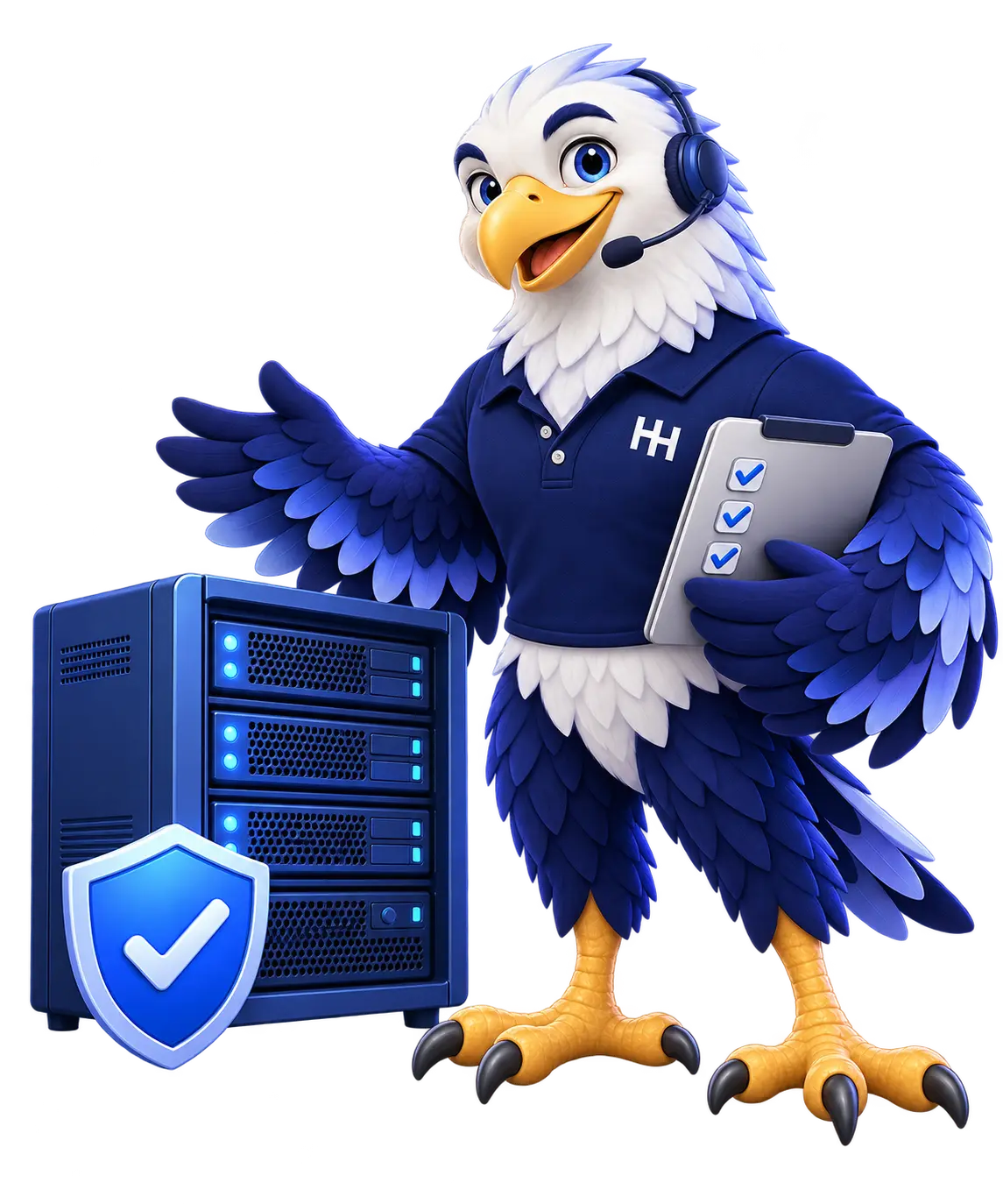 HoganHost eagle wearing a support headset and checking a server.