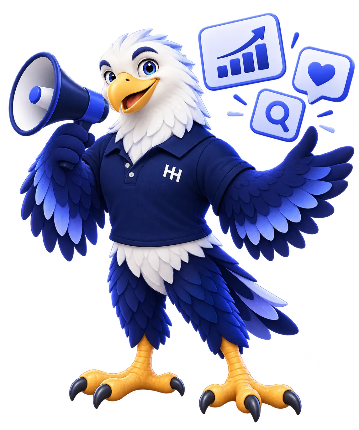 HoganHost eagle promoting a business with a megaphone and campaign icons.