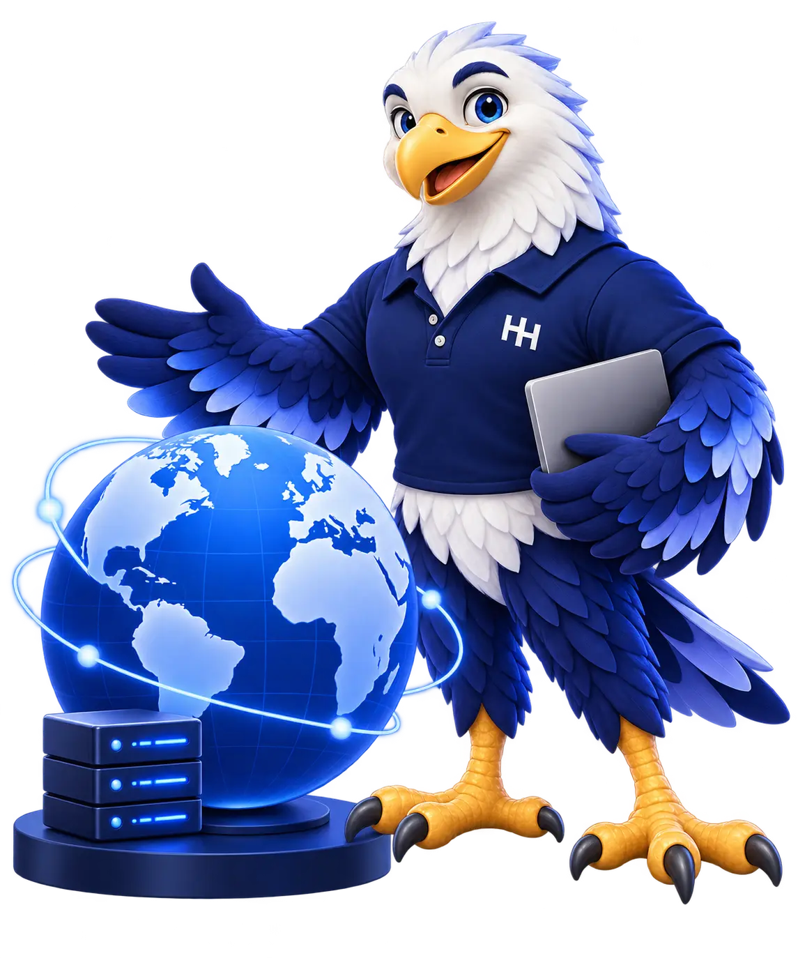 HoganHost eagle presenting a globe and hosting server.